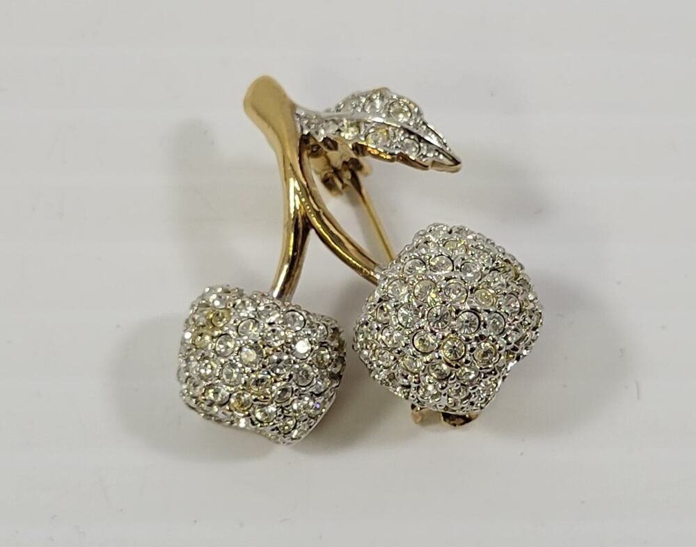 *B) NADRI Cherry Fruit Clear Rhinestone Pave Brooch Gold Tone Pin